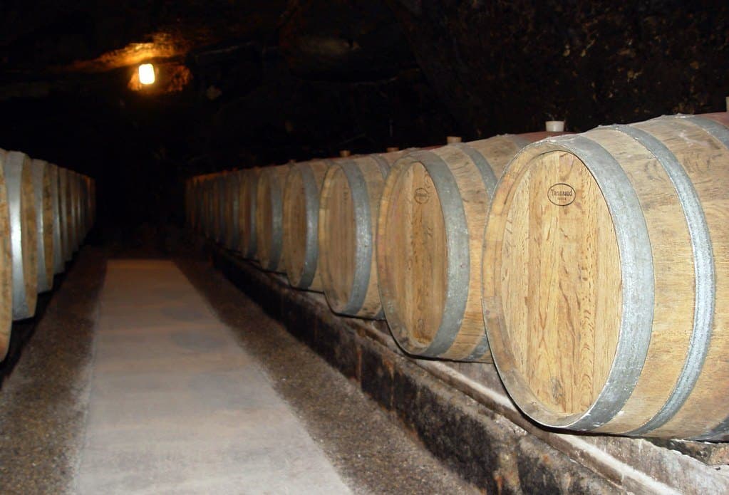 Une cave voûtée et son alignement de fûts de chêne dans la pénombre.